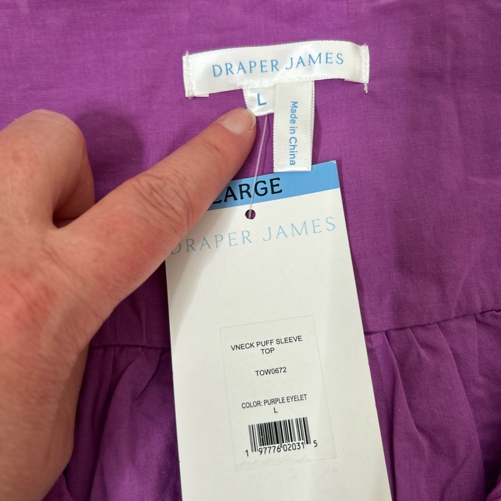 NWT Draper James Purple Eyelet V-Neck Blouse Puff Sleeves Large Preppy Summer - Picture 3 of 10